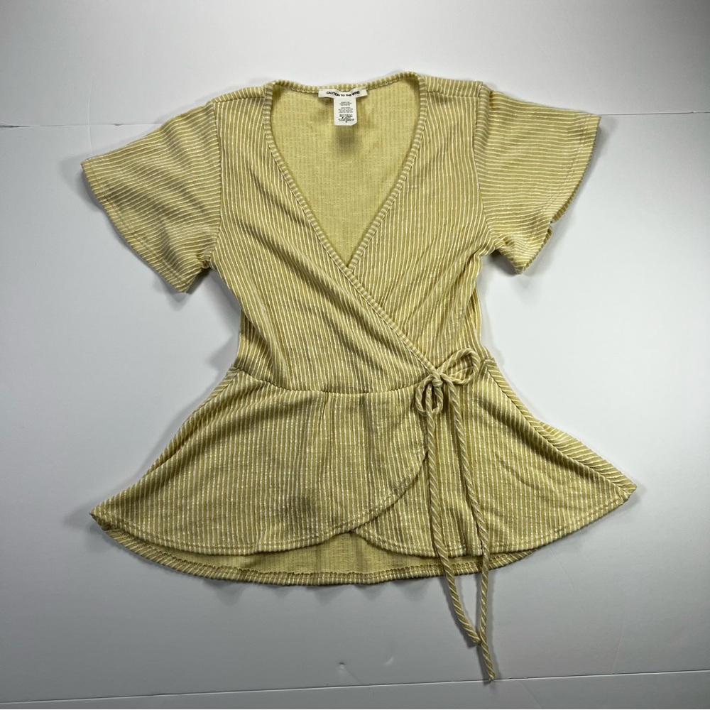 Caution To The Wind Wrap Top Small Yellow White Stripe Peplum V Neck